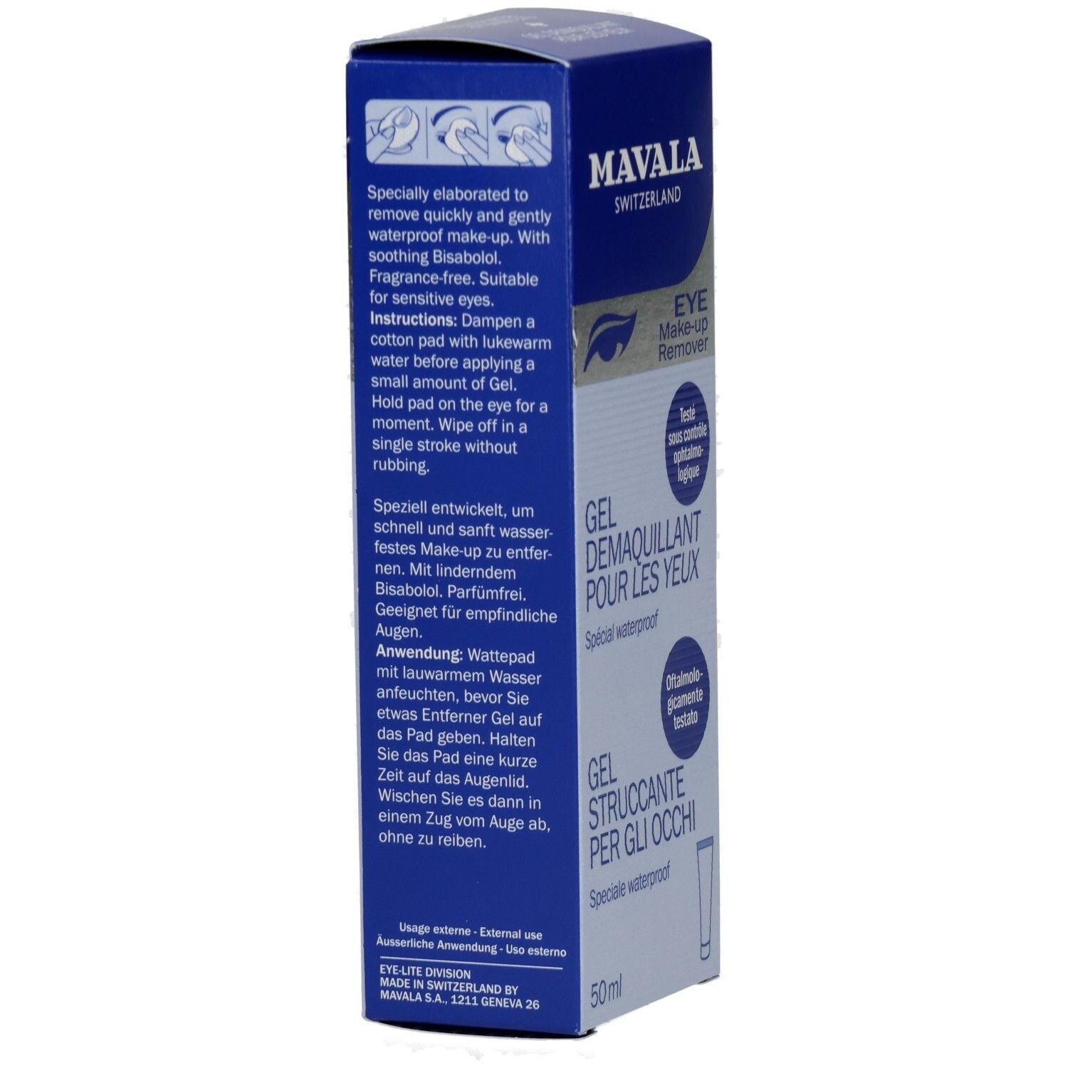 Rückseite der Mavala Augen Make-up Entferner Gel Verpackung mit Anwendungshinweisen.