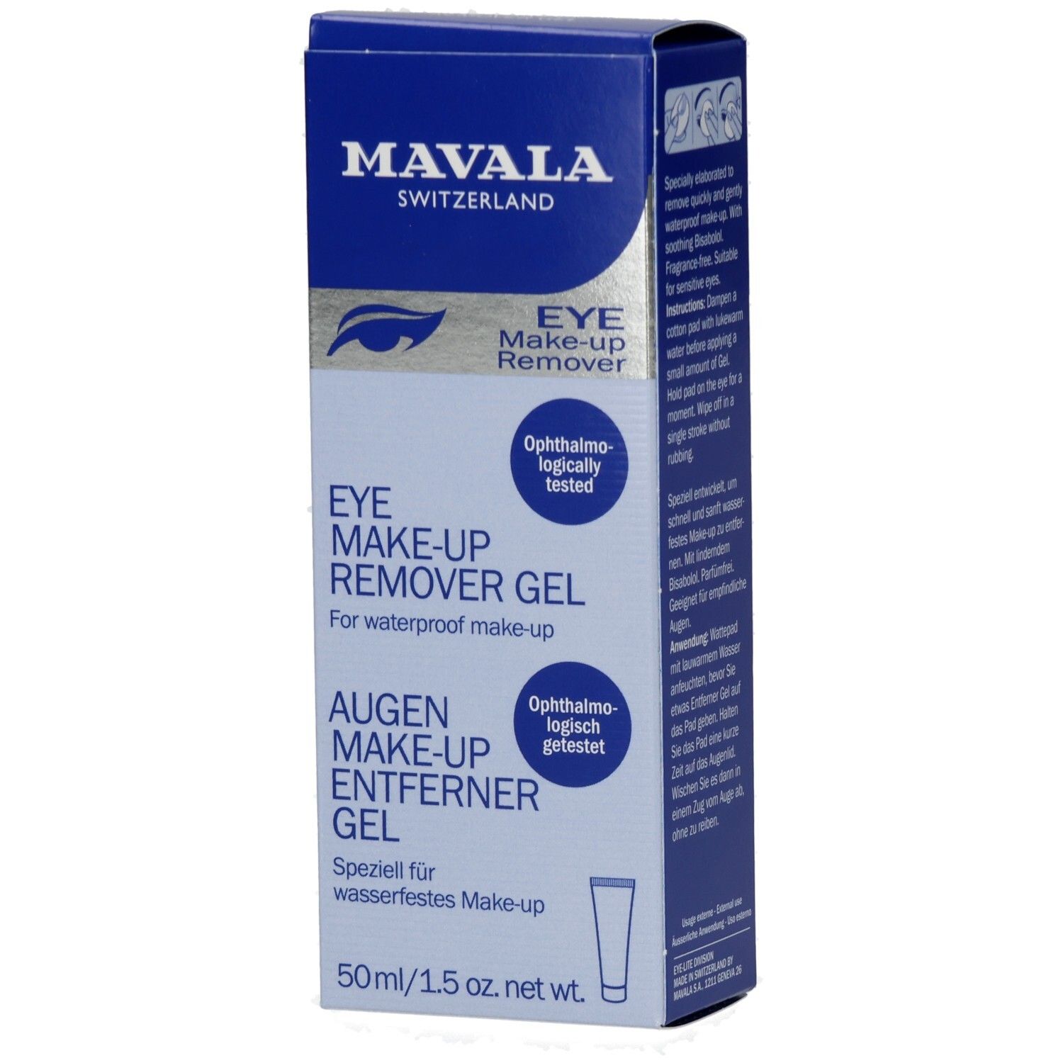 Vorderseite der Mavala Augen Make-up Entferner Gel Verpackung, 50ml.