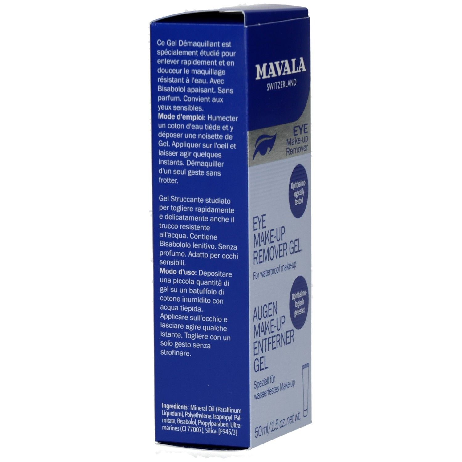 Seitenansicht der Mavala Augen Make-up Entferner Gel Verpackung mit Produktinformationen.