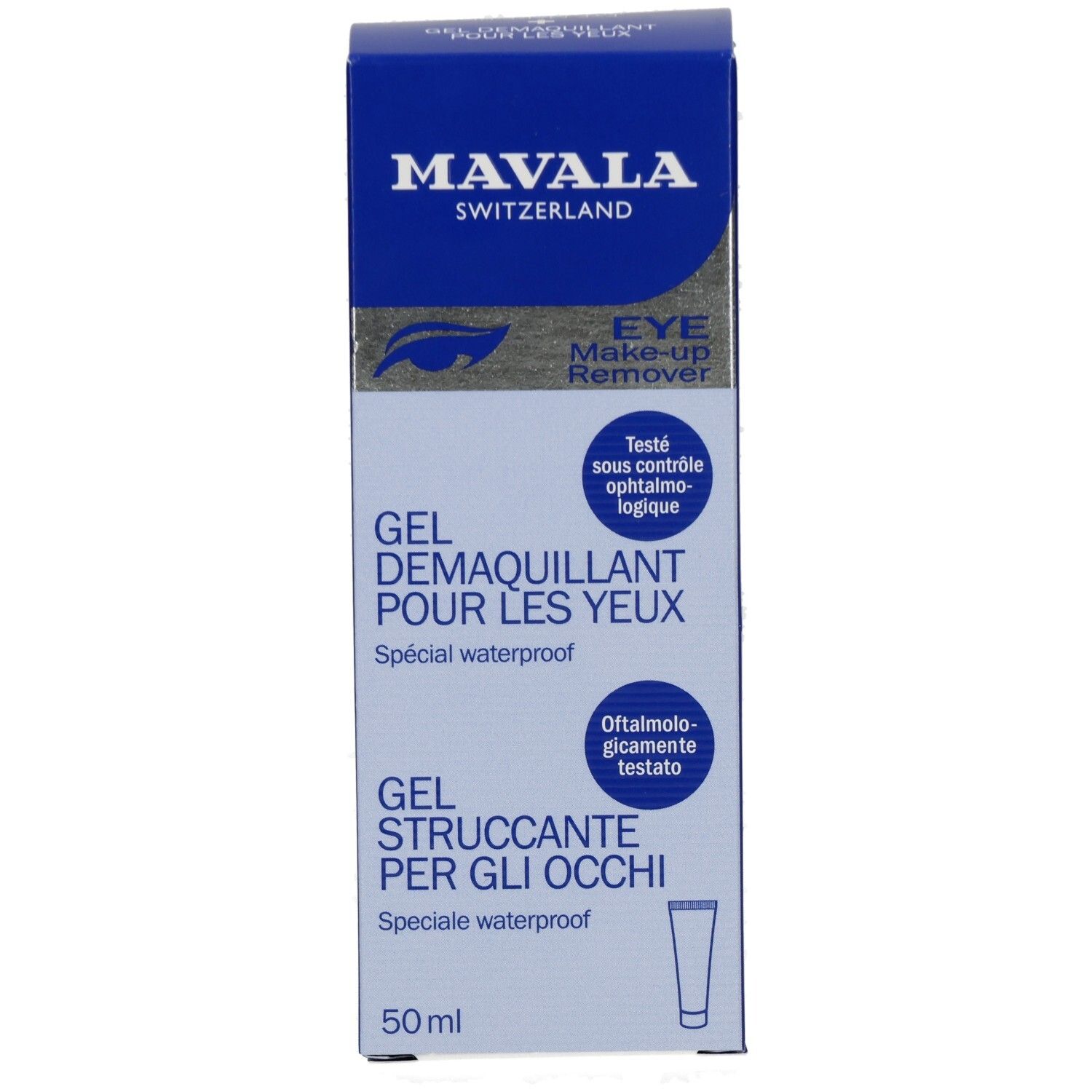 Mavala Augen Make-up Entferner Gel Verpackung, Vorderseite mit mehrsprachigen Produktnamen.