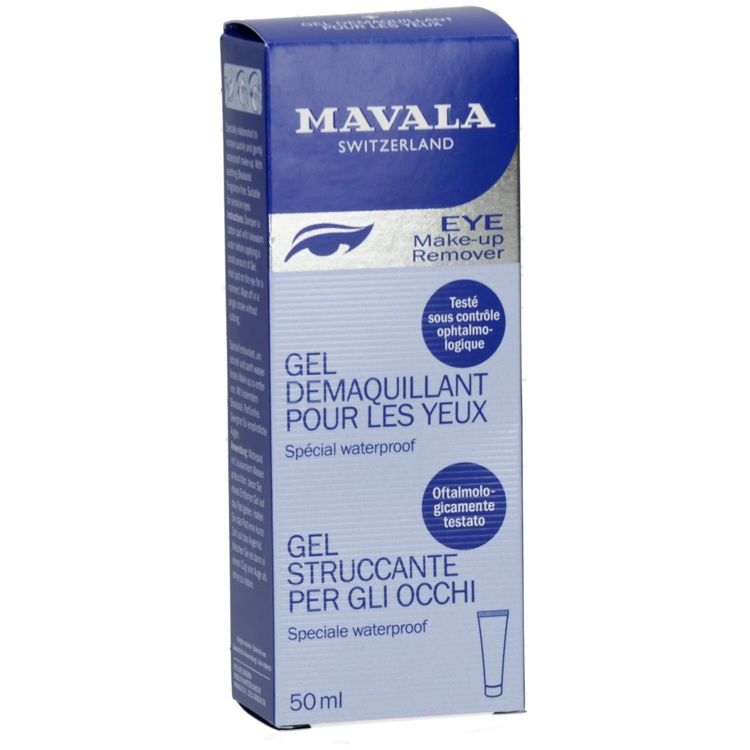 Mavala Augen Make-up Entferner Gel Verpackung, Vorderseite mit Produktbezeichnung.