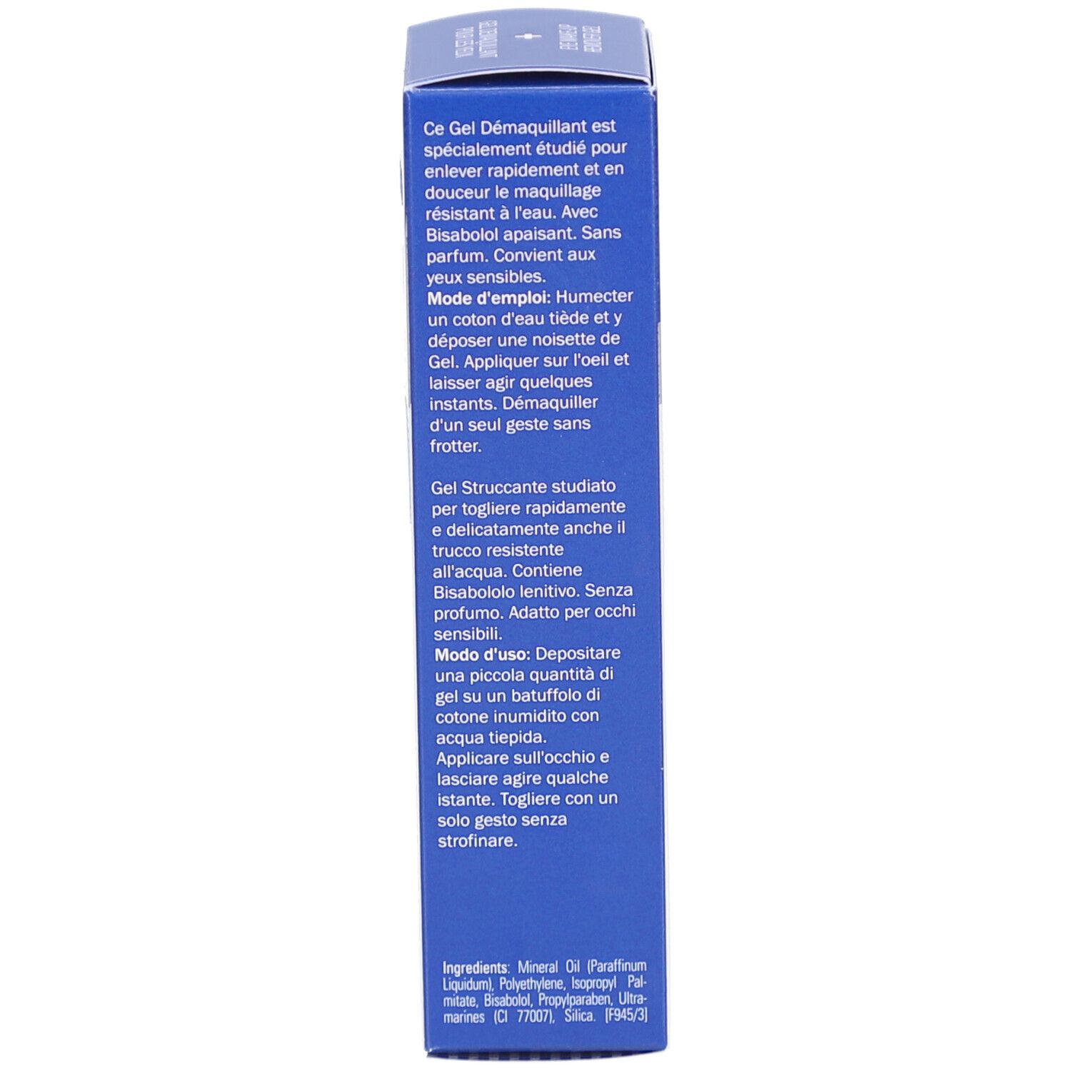 Seitenansicht der Mavala Augen Make-up Entferner Gel Verpackung mit Inhaltsstoffen.