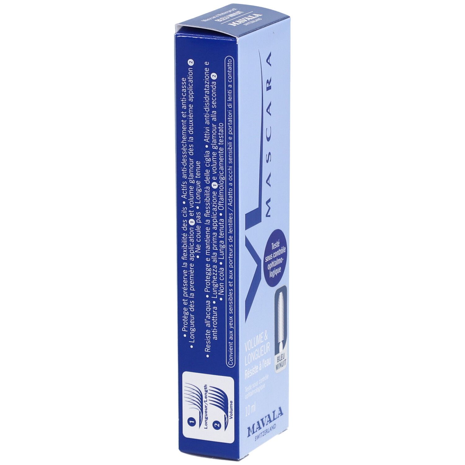 MAVALA Mascara Waterproof Bleu Minuit. Boîte bleue. Volume & Longueur. 10 ml. Informations produit sur le côté.