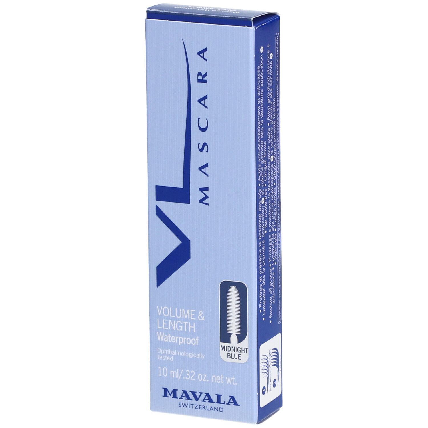 MAVALA Mascara Waterproof Bleu Minuit. Boîte bleue. Volume & Longueur. 10 ml. Midnight Blue. Testé dermatologiquement.