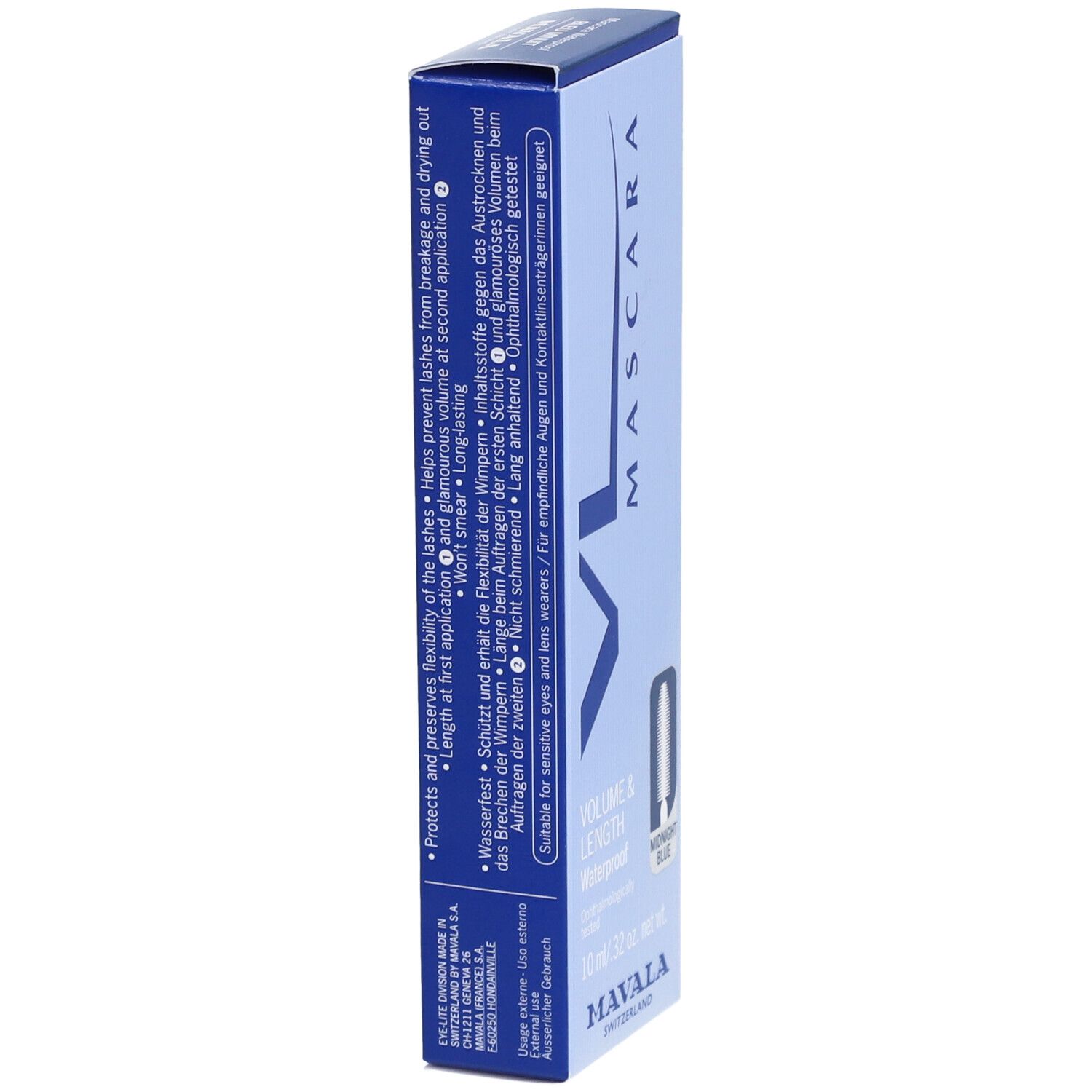 MAVALA Mascara Waterproof Bleu Minuit. Boîte bleue. Volume & Longueur. Informations produit. Convient aux yeux sensibles.