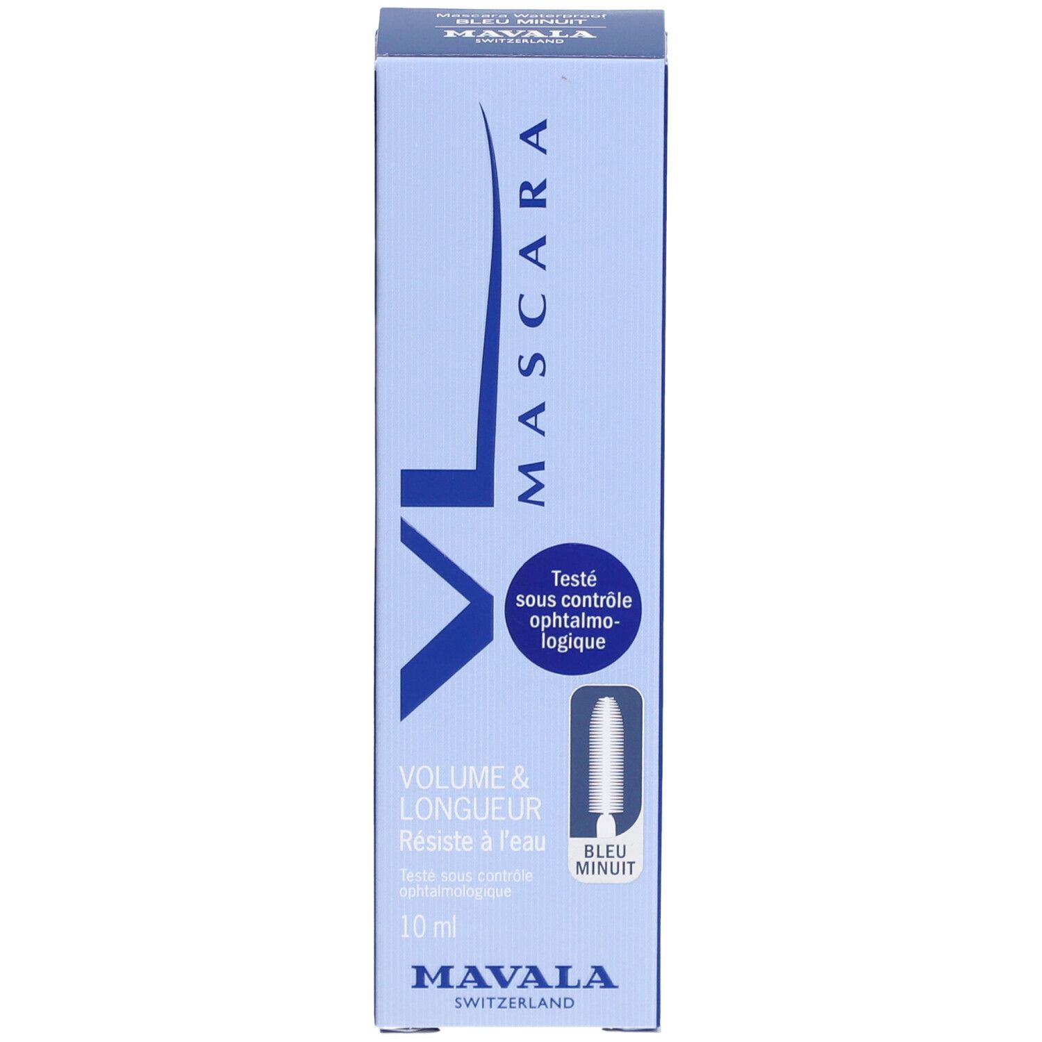 MAVALA Mascara Waterproof Bleu Minuit. Boîte bleue. Volume & Longueur. 10 ml. Testé sous contrôle ophtalmologique.