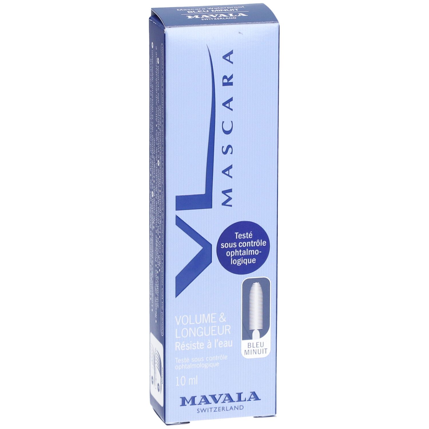 MAVALA Mascara Waterproof Bleu Minuit. Boîte bleue. Volume & Longueur. Testé sous contrôle ophtalmologique. Bleu Minuit.