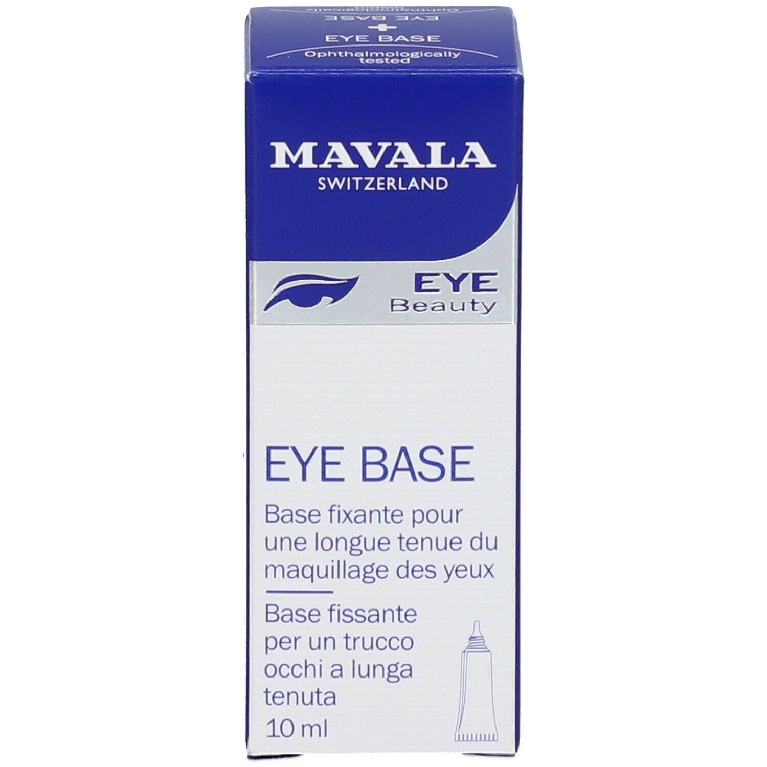 Blaue Schachtel mit weißem Text. Enthält Eye Base. Marke: MAVALA. Ophthalmolgisch getestet.