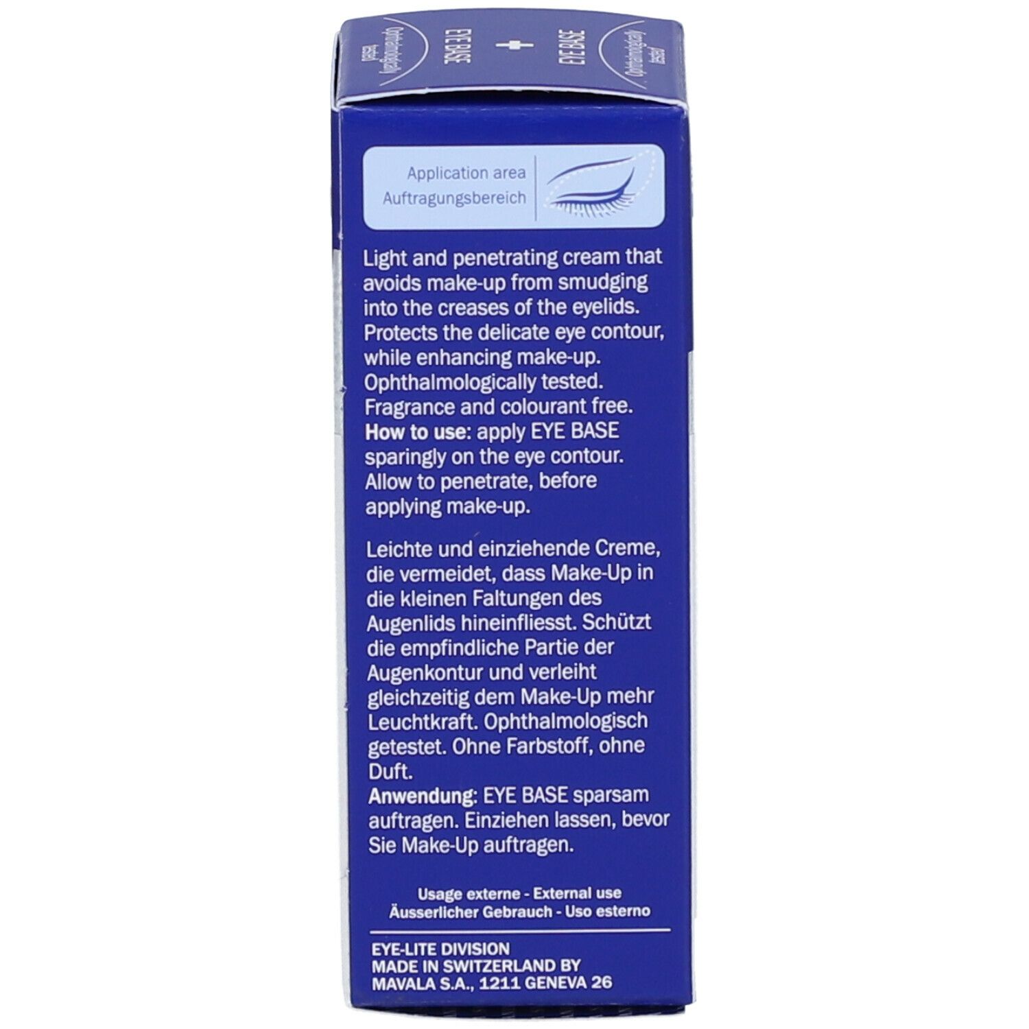 Rückseite der blauen Schachtel. Text in mehreren Sprachen. Enthält Informationen zur Anwendung und Inhaltsstoffe.