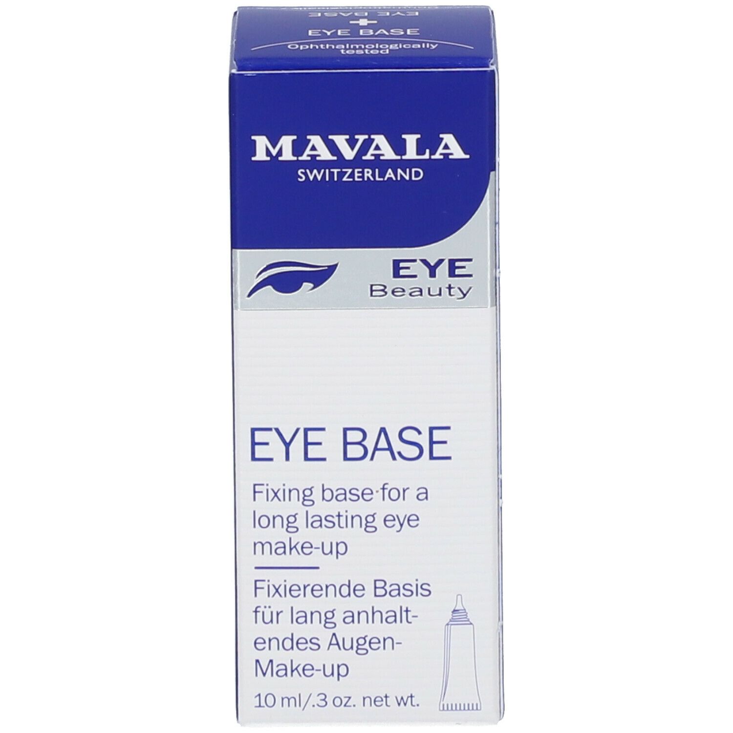 Vorderseite der blauen Schachtel. Enthält Eye Base. Marke: MAVALA. Text in Englisch und Deutsch.