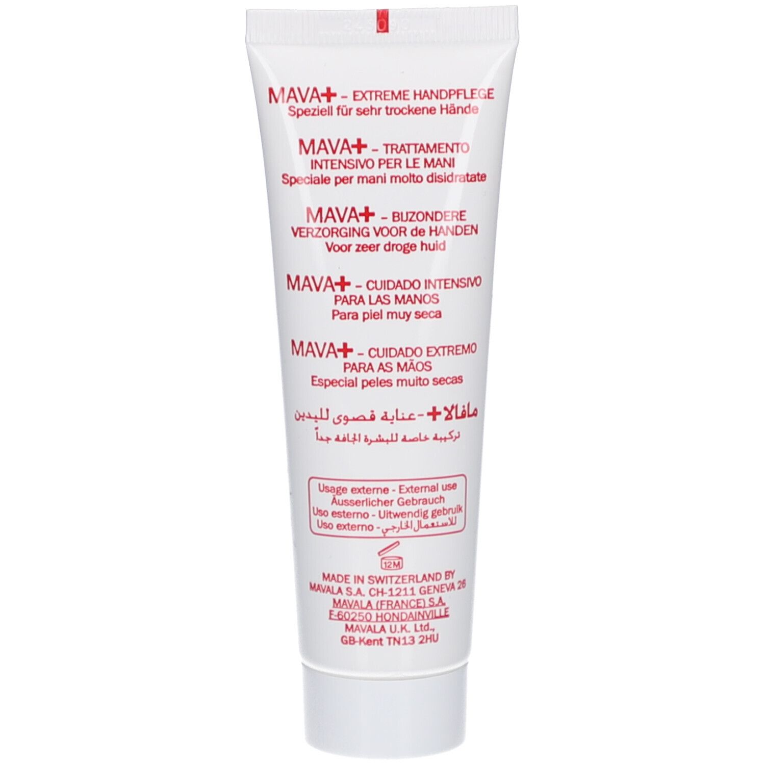 Weiße Tube mit roter Schrift. Aufschrift: MAVA+ Extreme Handpflege. Text in mehreren Sprachen.