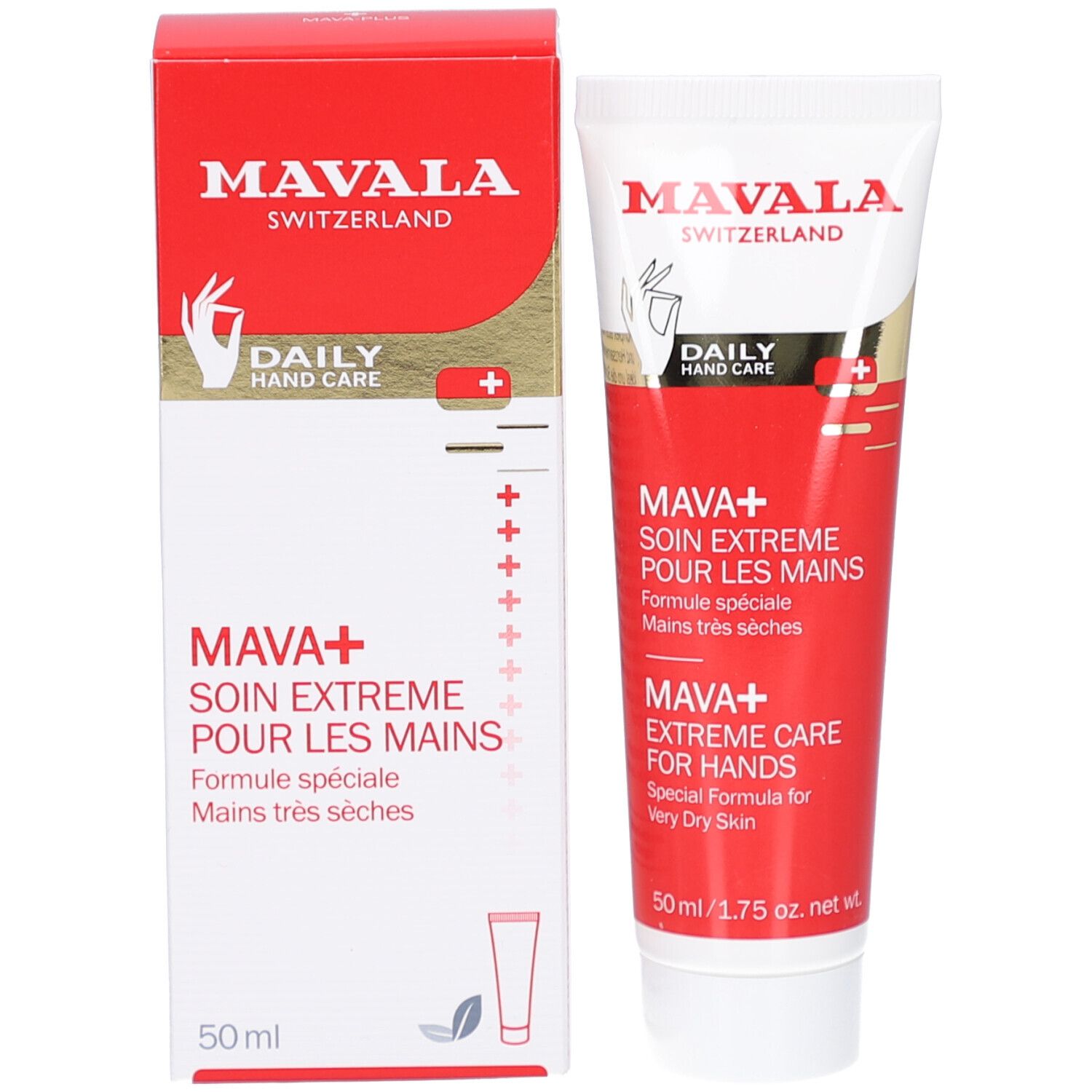 Produktverpackung: Tube und Karton. Tube: MAVALA, MAVA+ Extreme Care for Hands. Karton: MAVALA, MAVA+ Soin Extrême.
