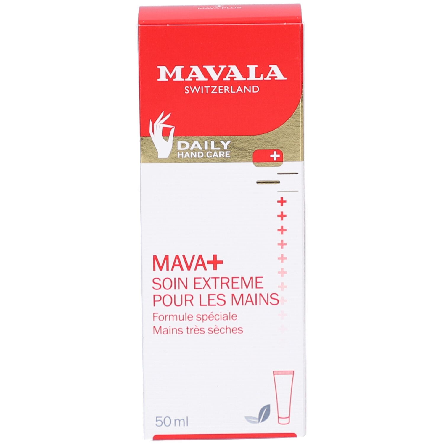Roter Karton mit weißem Aufdruck. Aufschrift: MAVALA, MAVA+ Soin Extrême pour les Mains. 50 ml.