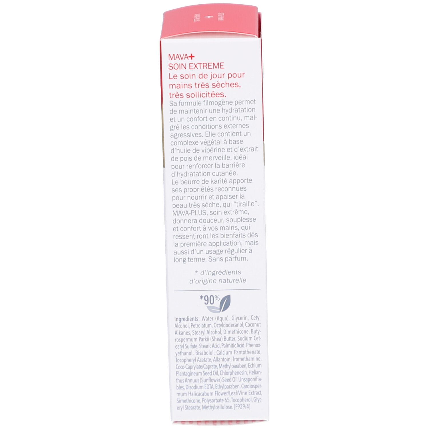 Rote Produktverpackung. Text: MAVA+ Soin Extrême pour les Mains. Inhaltsstoffe und Anwendungshinweise.