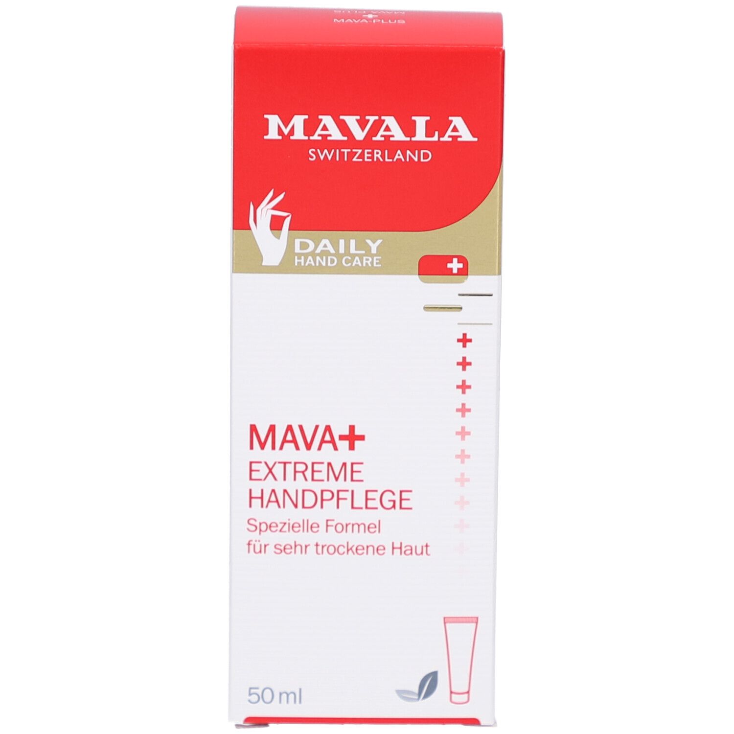 Rote Produktverpackung. Aufschrift: MAVALA, MAVA+ Extreme Care for Hands. 50 ml.