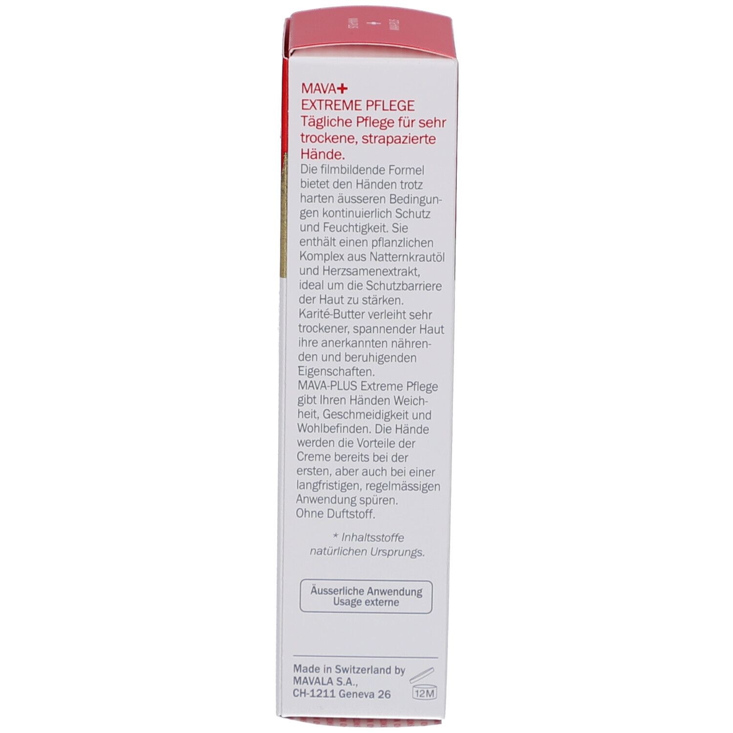 Rote Produktverpackung. Text: MAVA+ Extreme Care for Hands. Hinweise zur Anwendung und Inhaltsstoffe.