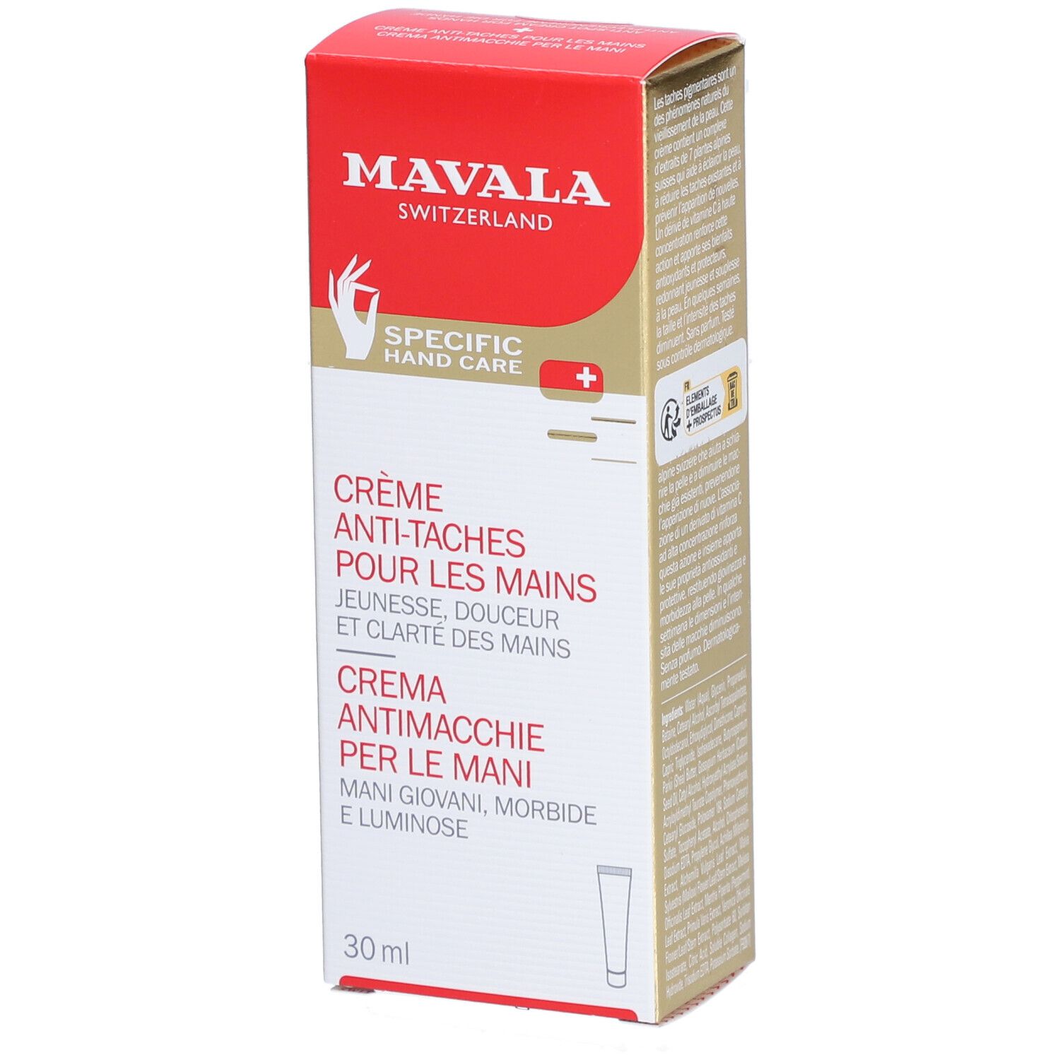 Crème anti-taches pour les mains Mavala. Boîte rouge et dorée. Inscription: Crème anti-taches pour les mains.