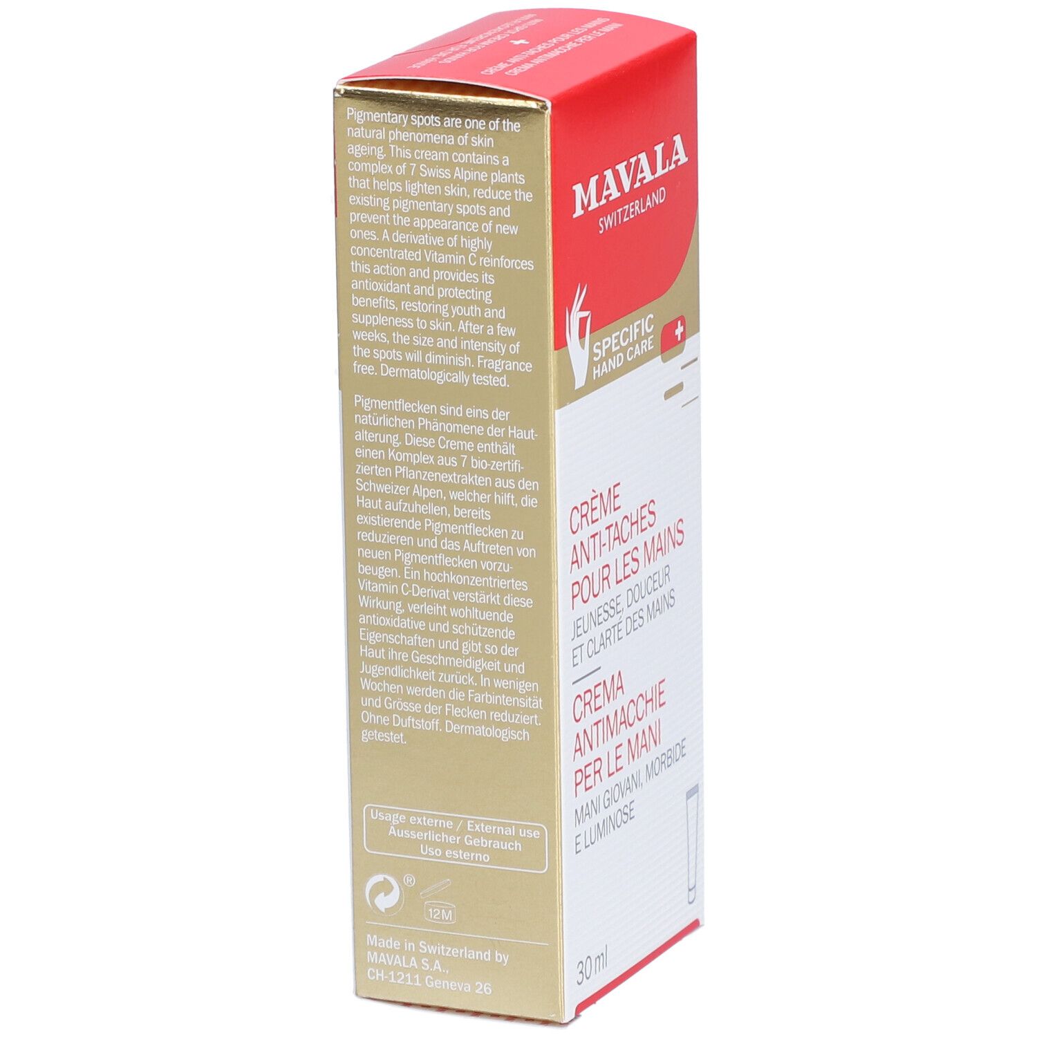 Mavala crème anti-taches. Boîte avec texte. Texte: Les taches pigmentaires sont une des causes naturelles.