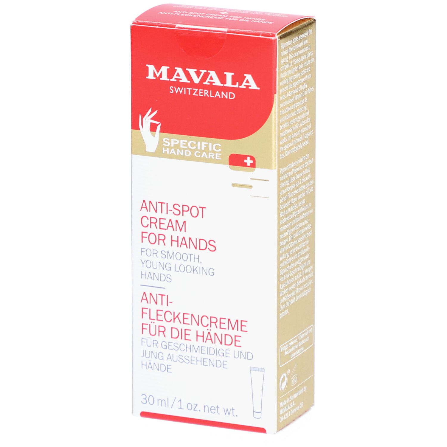 Mavala crème anti-taches pour les mains. Boîte rouge et dorée. Inscription: Anti-spot cream for hands.