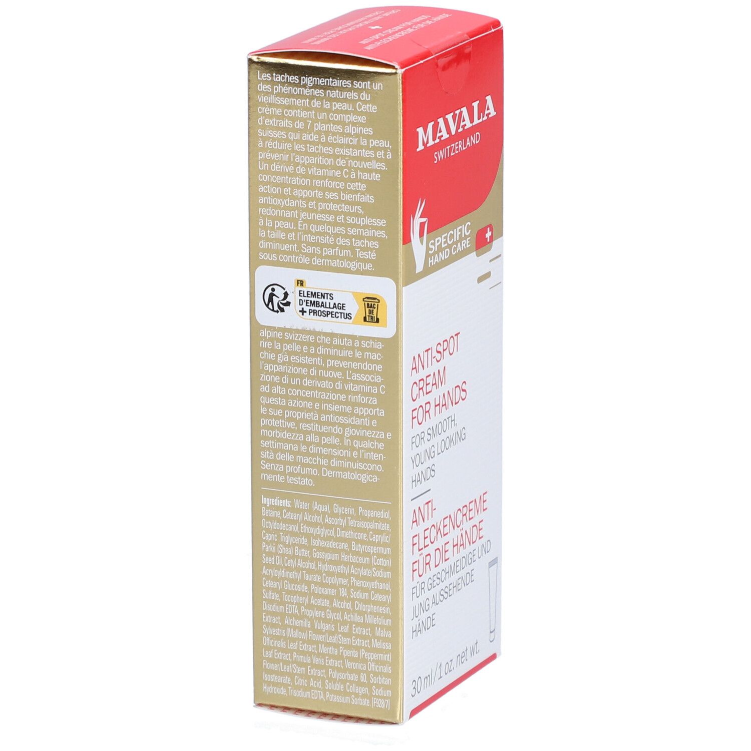 Mavala crème anti-taches pour les mains. Boîte avec texte. Texte: Les taches pigmentaires sont un des processus.