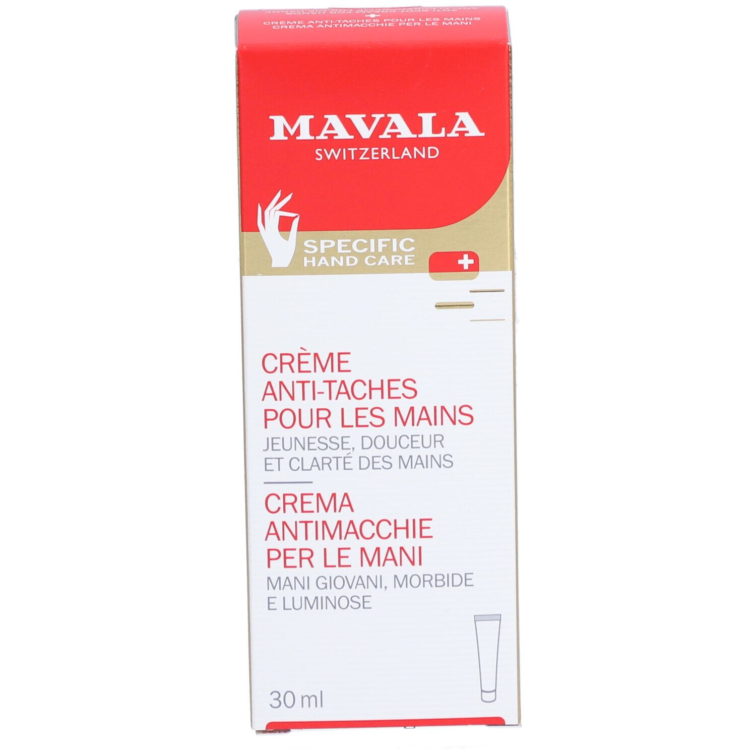 Crème anti-taches pour les mains Mavala. Boîte rouge et dorée. Inscription: Crème anti-taches pour les mains.