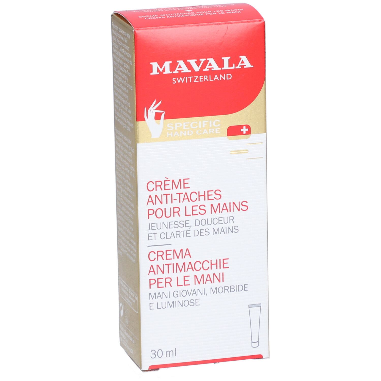 Crème anti-taches pour les mains Mavala. Boîte rouge et dorée. Inscription: Crème anti-taches pour les mains.