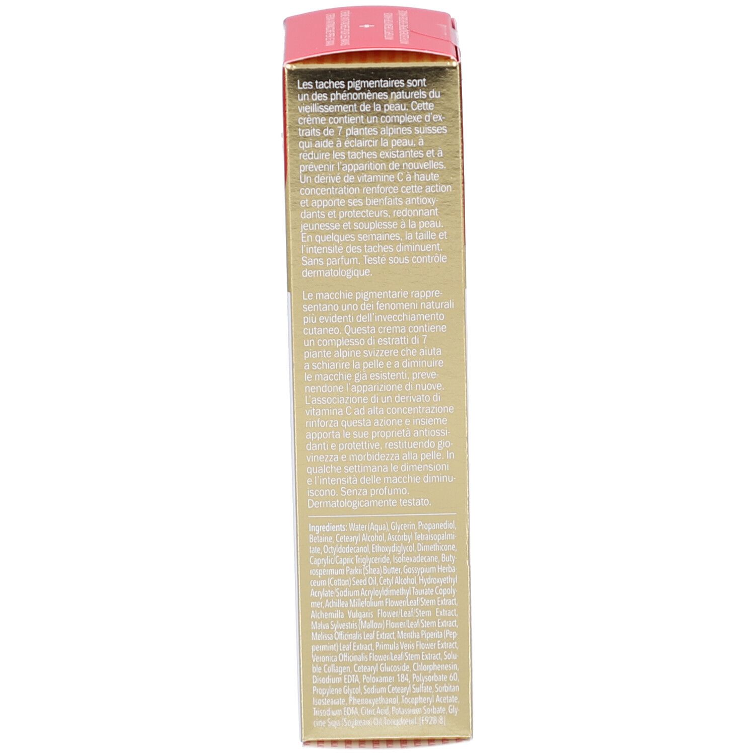 Rückseite der Mavala Handcreme Verpackung. Text in mehreren Sprachen. Inhaltsstoffe und Anwendung.