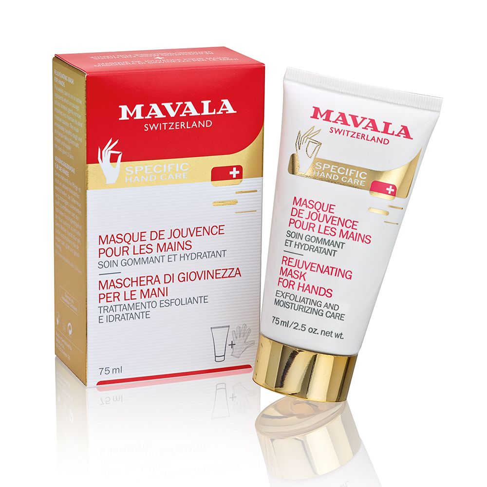 Masque pour les mains et tube Mavala. Emballage rouge et doré. Texte: Masque de Jouvence, Maschera di Giovinezza. 75ml.