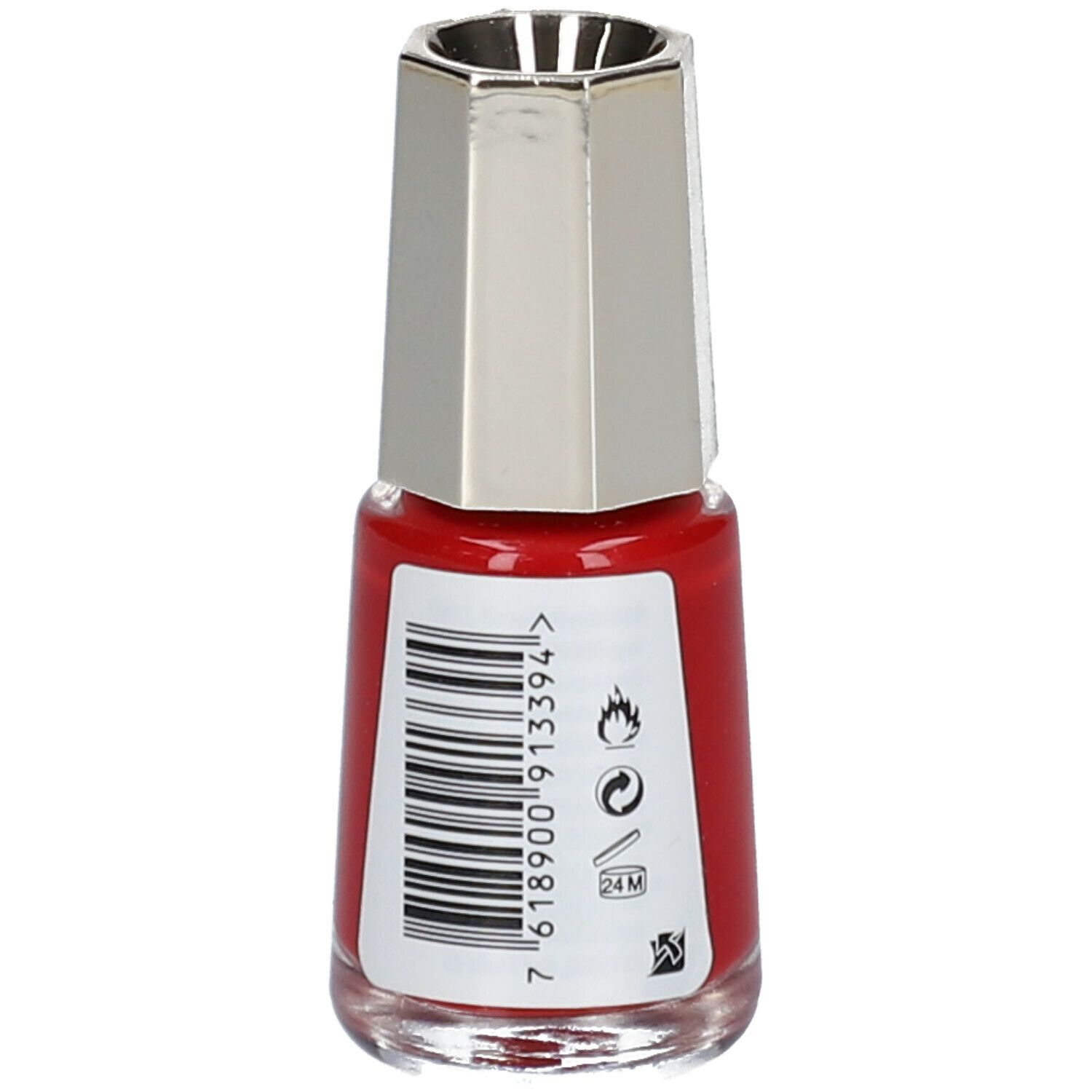Rode nagellakfles met zilveren dop. Achterkant met barcode en symbolen. Merk: MAVALA. Volume: 5 ml.