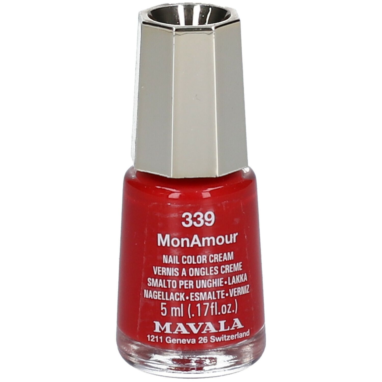 Rode nagellakfles met zilveren dop. Opschrift: 339 MonAmour, Nail Color Cream, 5 ml. Merk: MAVALA.