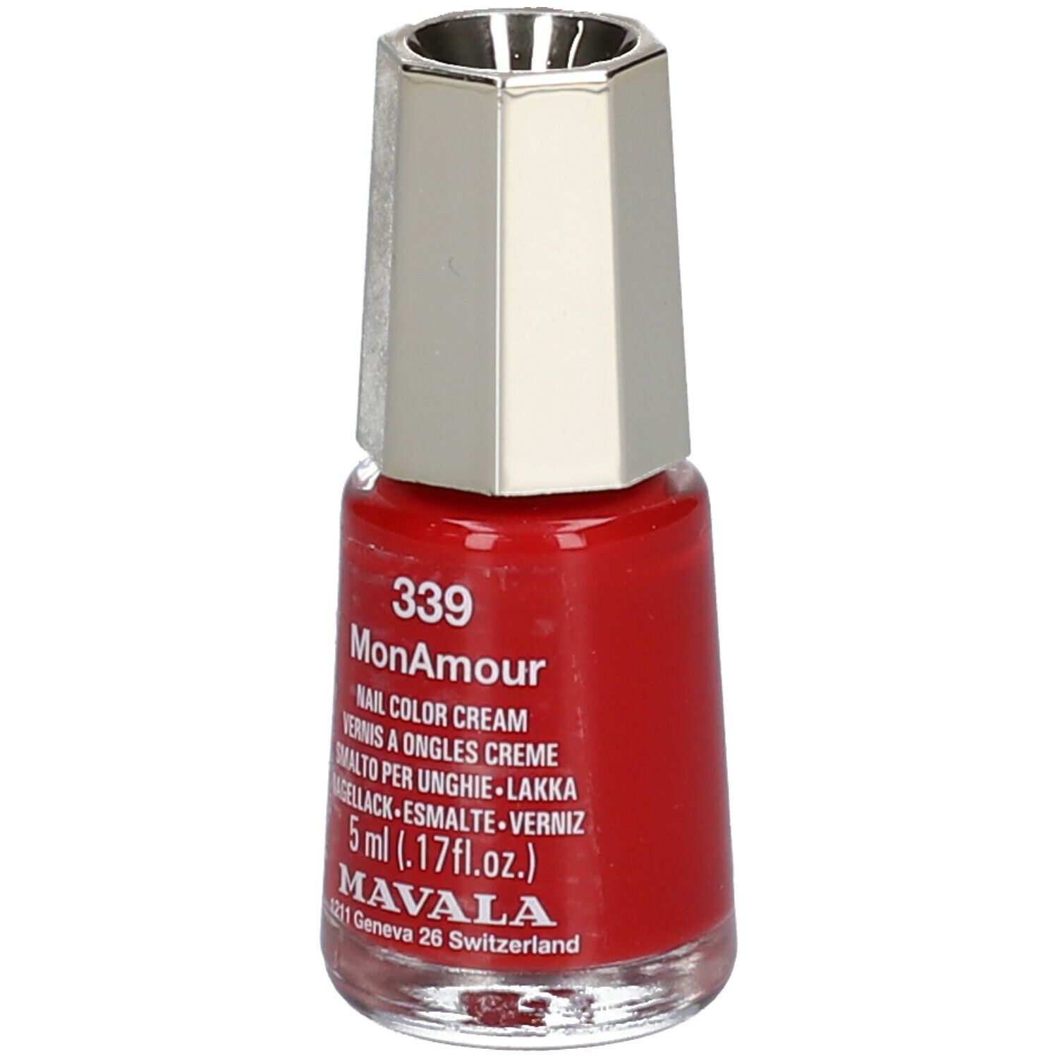 Rode nagellakfles met zilveren dop. Opschrift: 339 MonAmour, Nail Color Cream, 5 ml. Merk: MAVALA.