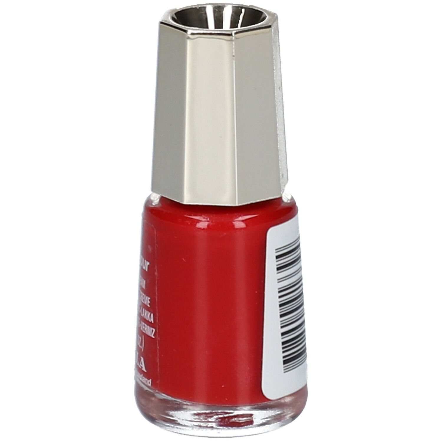Rode nagellakfles met zilveren dop. Sticker met tekst. Merk: MAVALA. Volume: 5 ml.