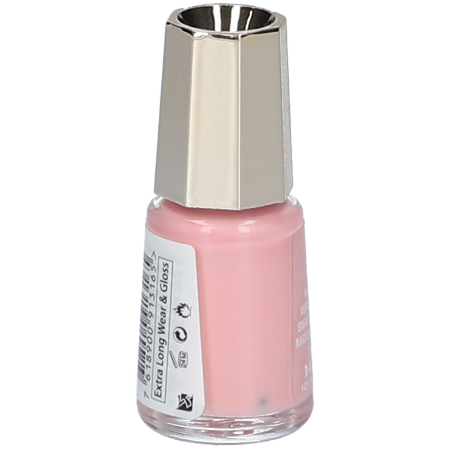 Roze nagellakflesje met zilveren dop. Sticker met barcode en tekst: Extra Long Wear & Gloss.