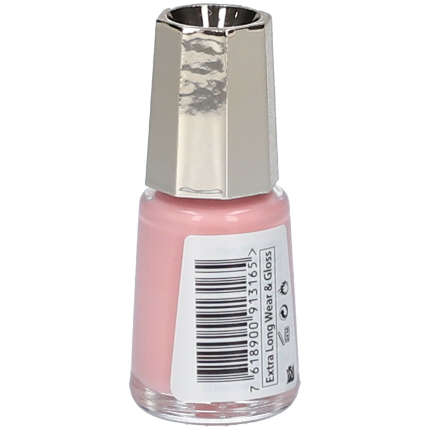 Roze nagellakflesje met zilveren dop. Sticker met barcode en tekst: Extra Long Wear & Gloss.