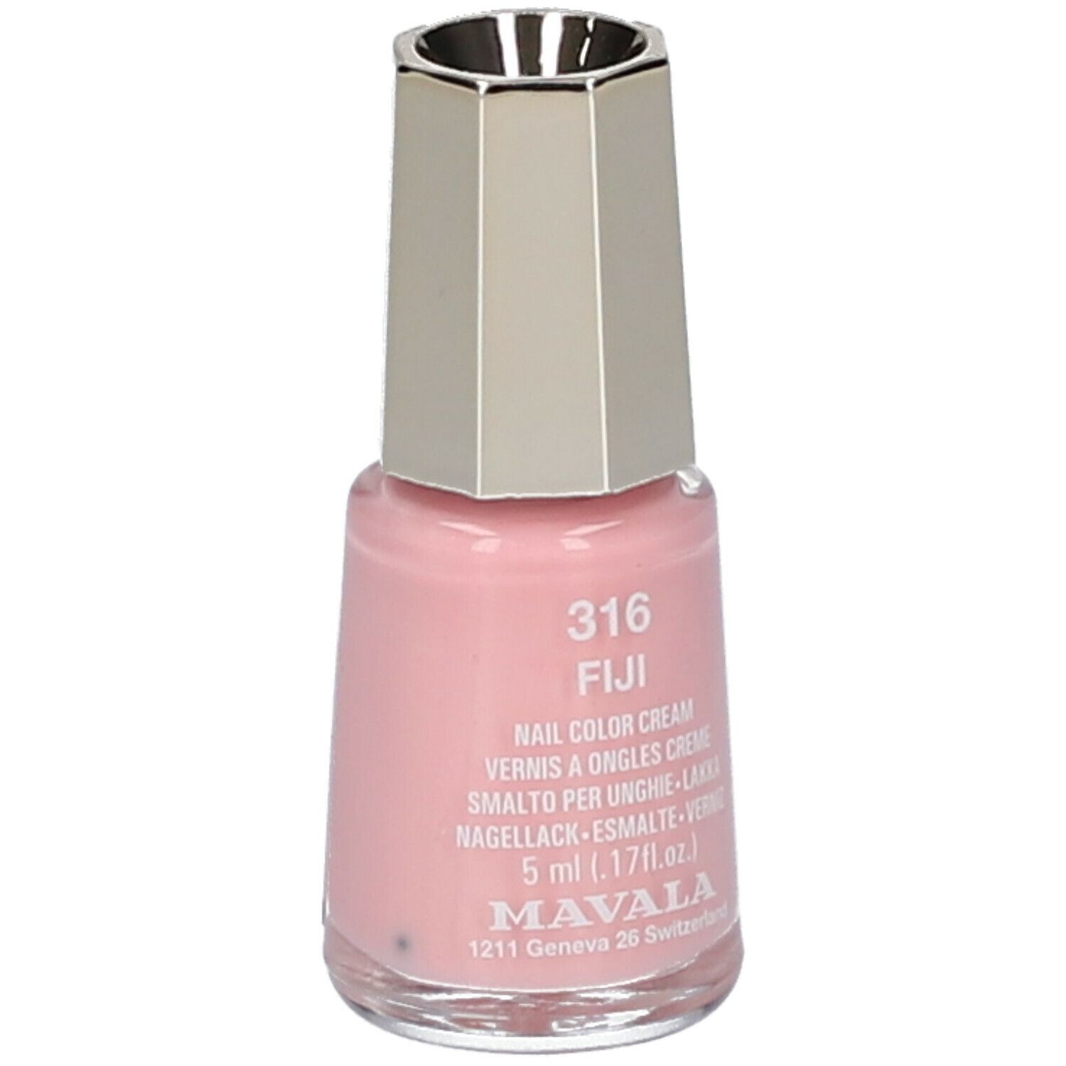 Roze nagellakflesje met zilveren dop. Opschrift: 316 Fiji, Nail Color Cream, 5 ml. Merk: MAVALA.