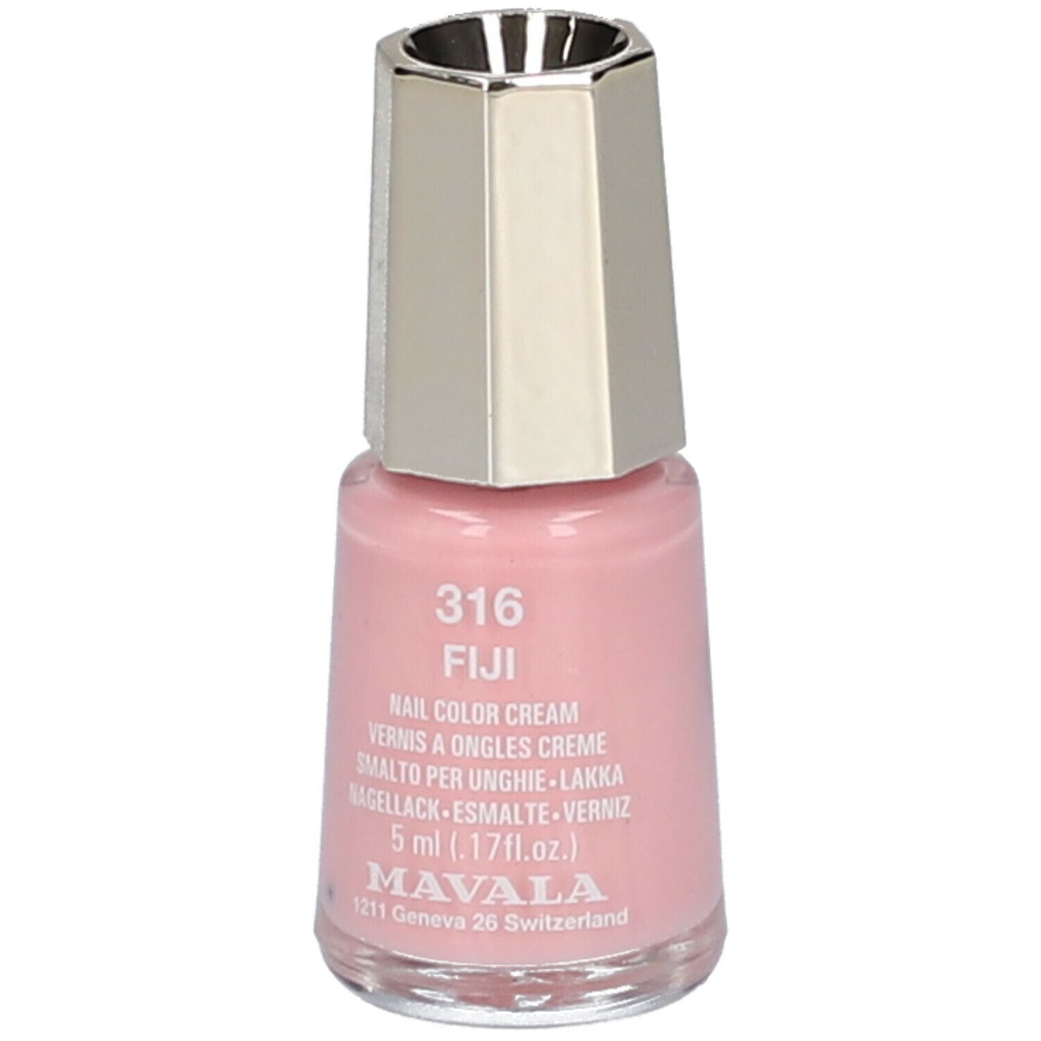 Roze nagellakflesje met zilveren dop. Opschrift: 316 Fiji, Nail Color Cream, 5 ml. Merk: MAVALA.