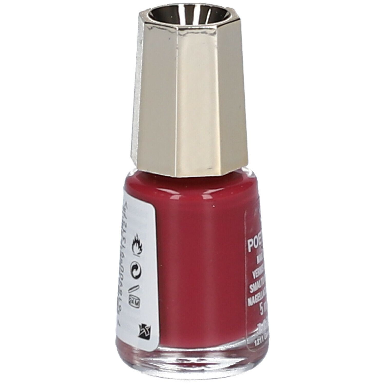Flacon de vernis à ongles rouge, bouchon doré. Étiquette avec informations et symboles.