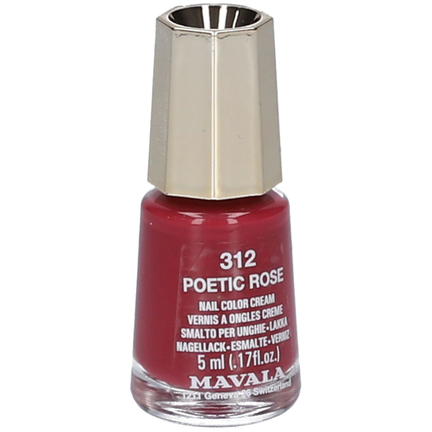Flacon de vernis à ongles rouge, bouchon doré. Inscription : 312 Poetic Rose, 5 ml.