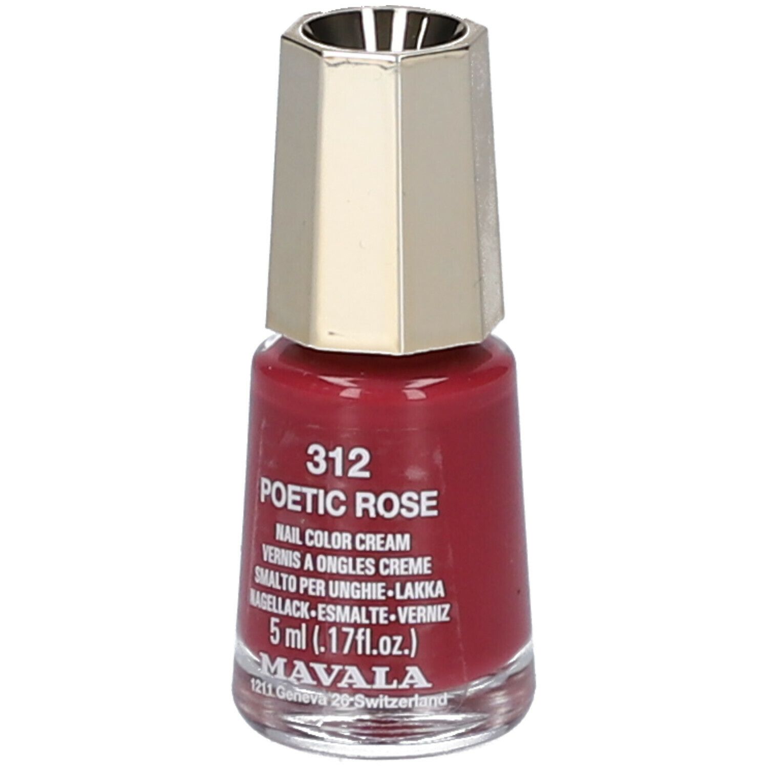 Flacon de vernis à ongles rouge, bouchon doré. Inscription : 312 Poetic Rose, 5 ml.