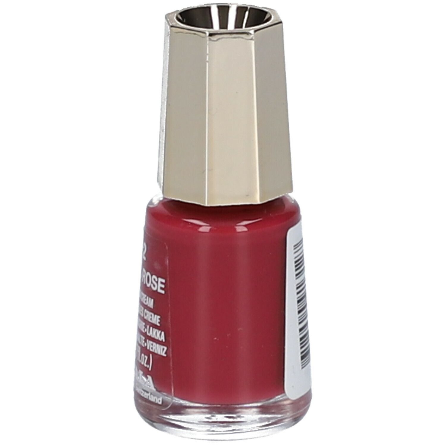 Flacon de vernis à ongles rouge, bouchon doré. Inscription : 312 Poetic Rose, 5 ml.