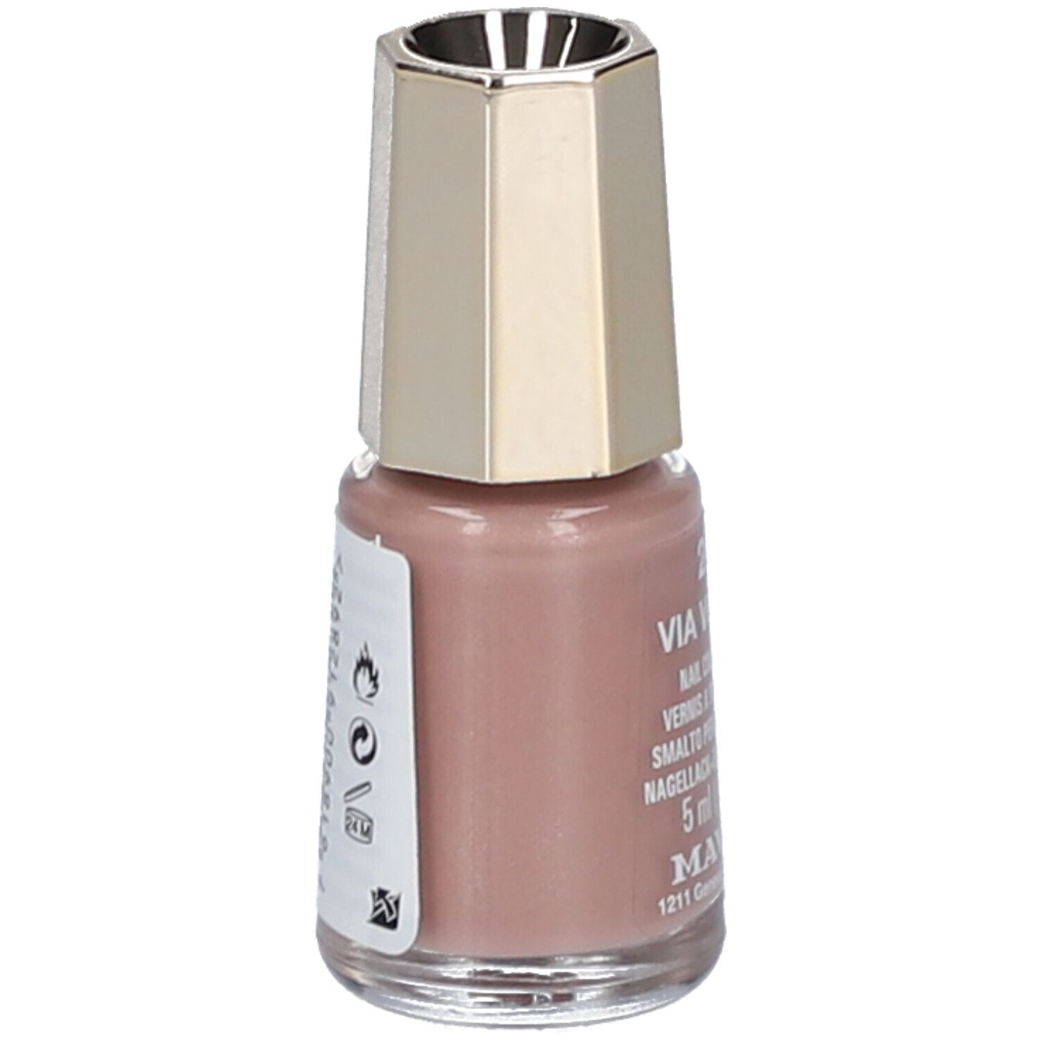 Nagellackflasche, Farbe Via Veneto 289. Goldfarbener Deckel, rosa Inhalt. Etikett mit Barcode und Text.