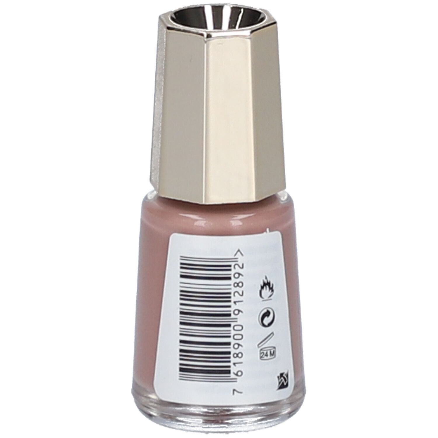 Nagellackflasche, Farbe Via Veneto 289. Goldfarbener Deckel, rosa Inhalt. Rückseite mit Barcode und Symbolen.