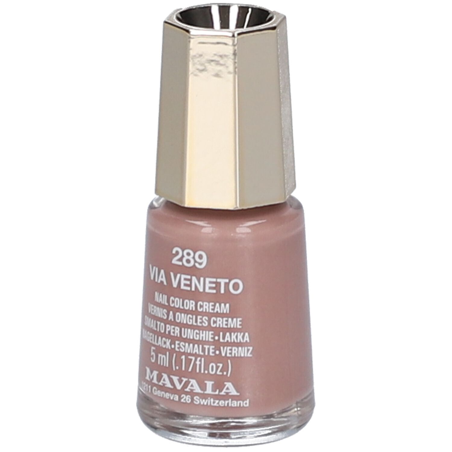 Nagellackflasche, Farbe Via Veneto 289. Goldfarbener Deckel, rosa Inhalt. Beschriftung: Nail Color Cream, 5 ml, MAVALA.