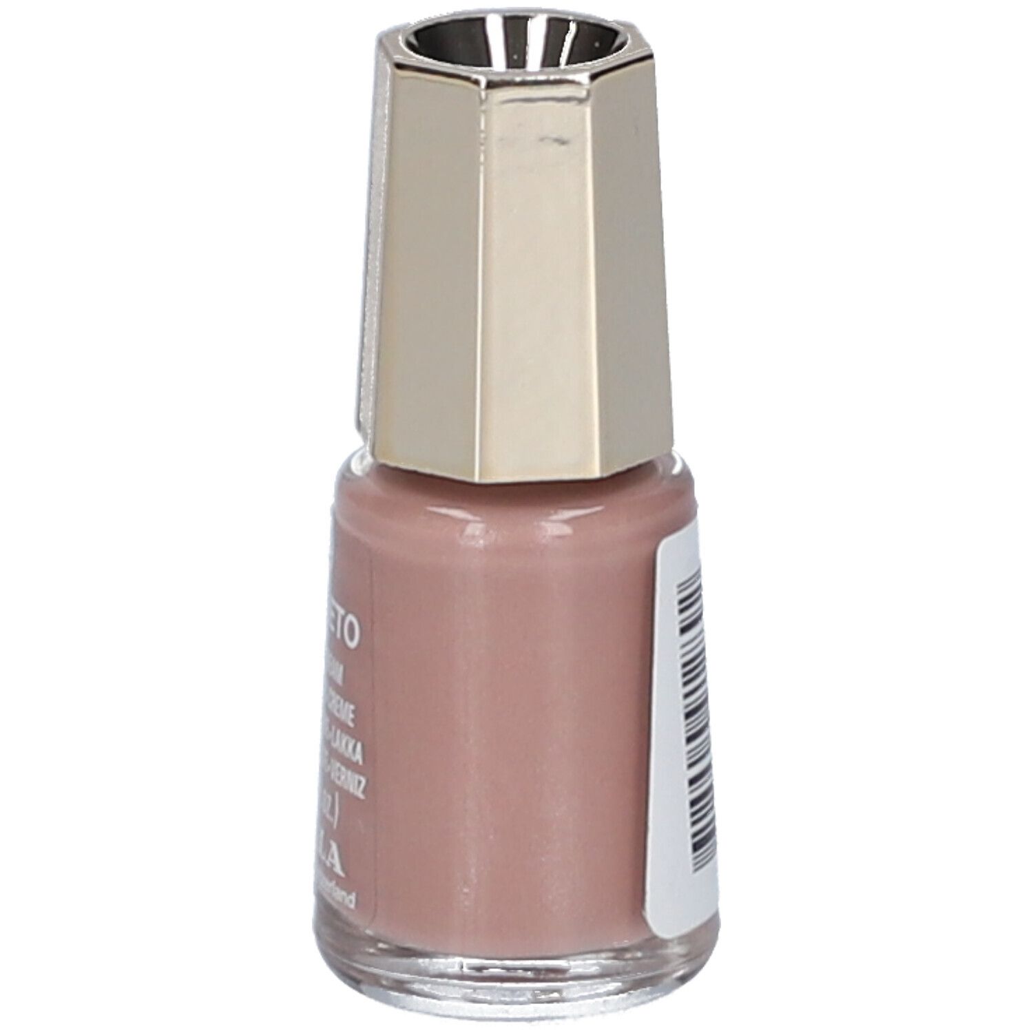 Nagellackflasche, Farbe Via Veneto 289. Goldfarbener Deckel, rosa Inhalt. Etikett mit Text.
