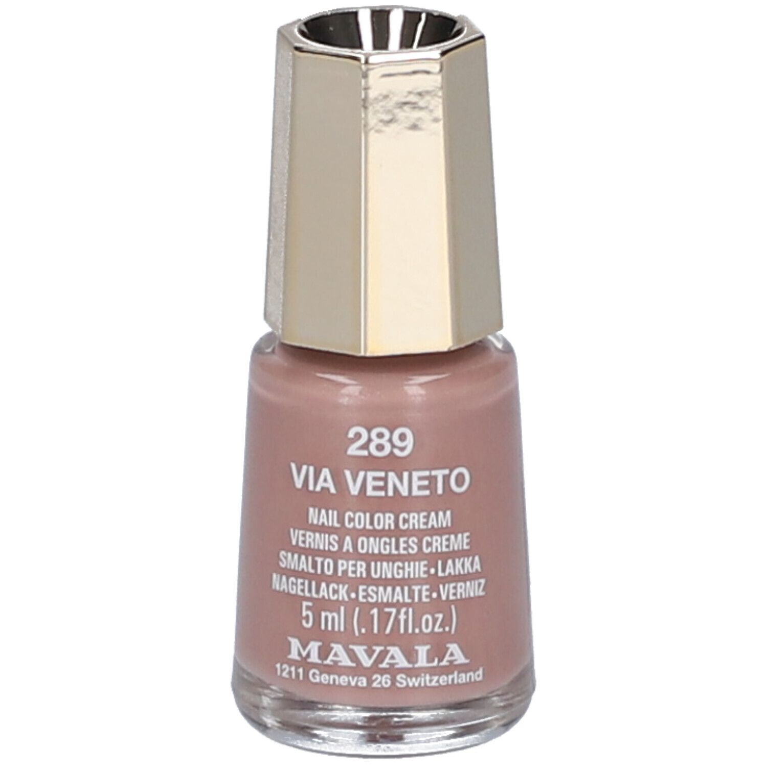 Nagellackflasche, Farbe Via Veneto 289. Goldfarbener Deckel, rosa Inhalt. Beschriftung: Nail Color Cream, 5 ml, MAVALA.