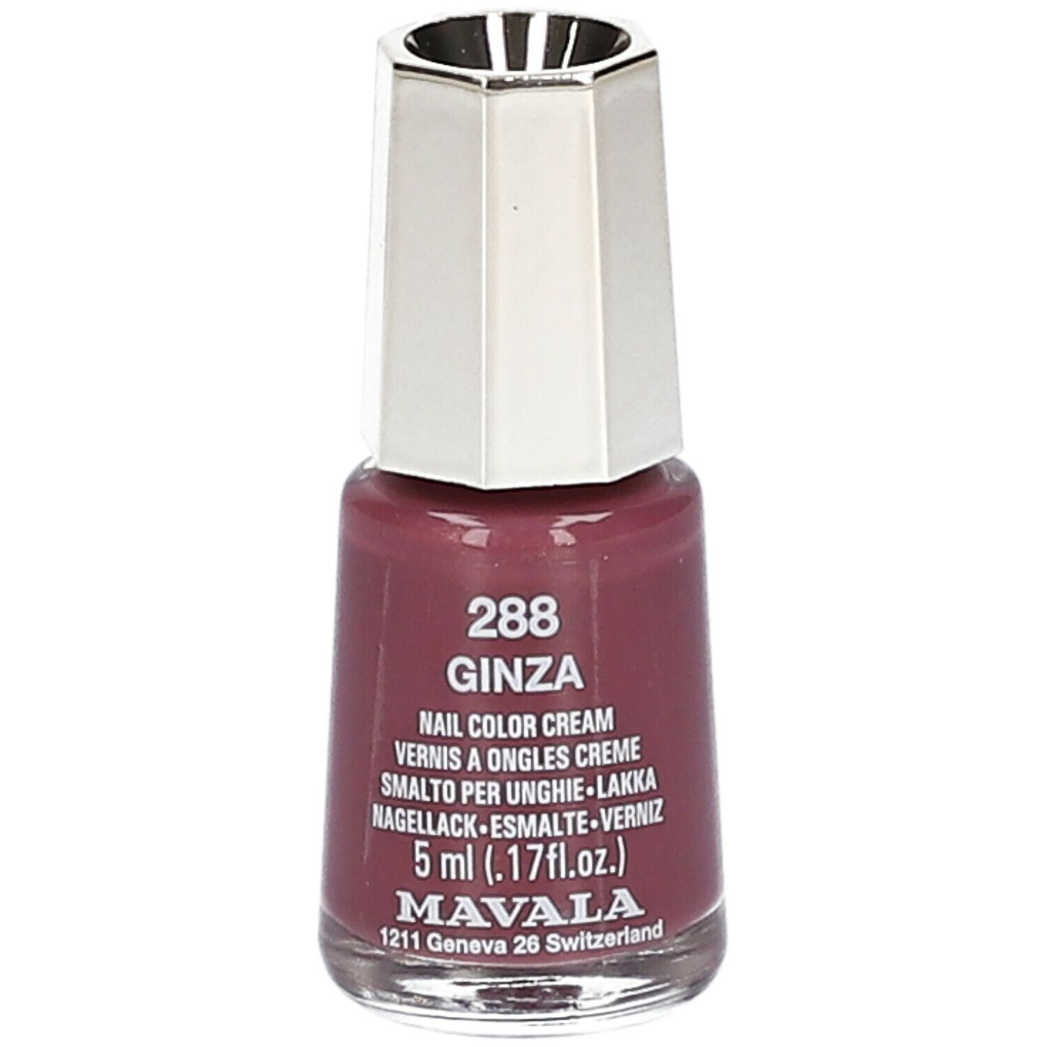 Flacon de vernis à ongles Ginza 288. Flacon avec bouchon argenté. Inscription: Nail Color Cream, 5 ml.