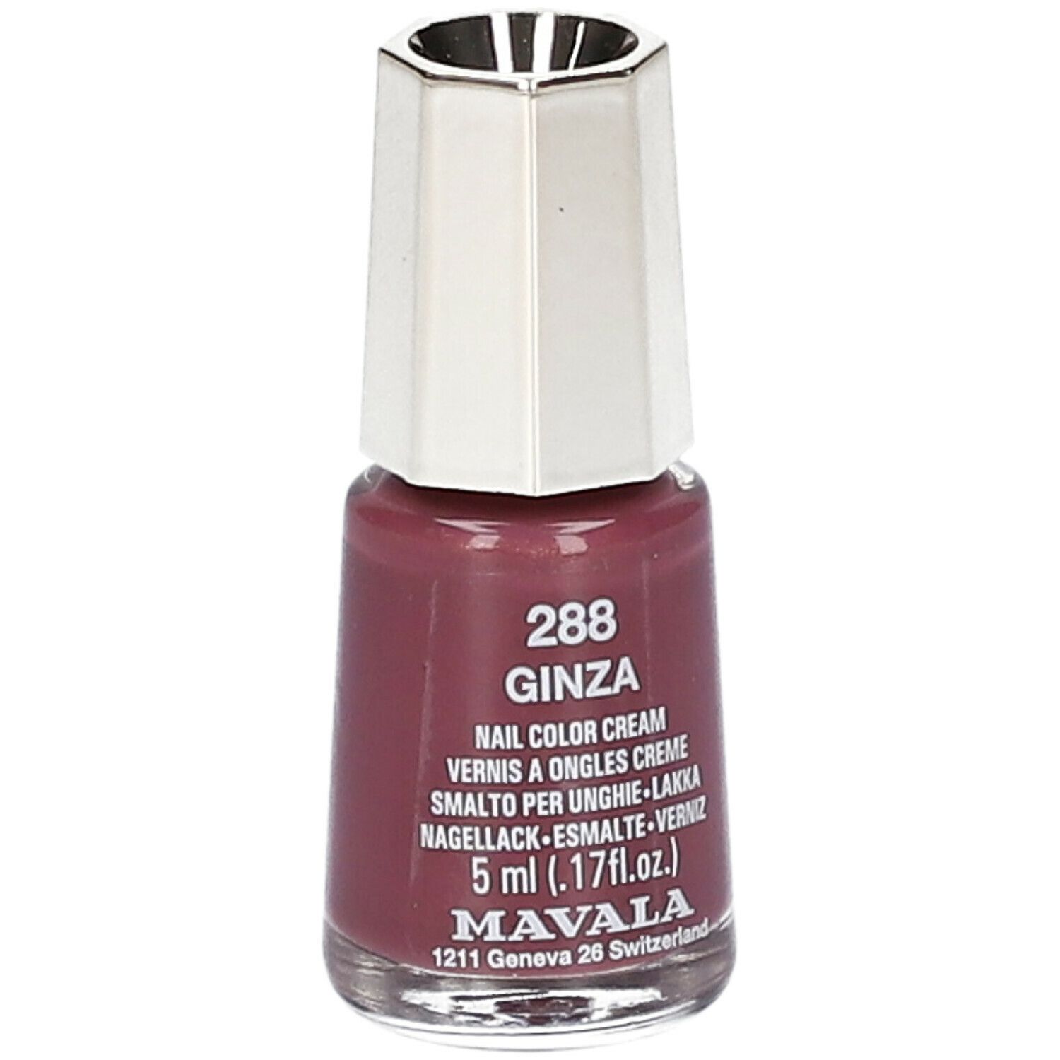 Flacon de vernis à ongles Ginza 288. Flacon avec bouchon argenté. Inscription: Nail Color Cream, 5 ml.