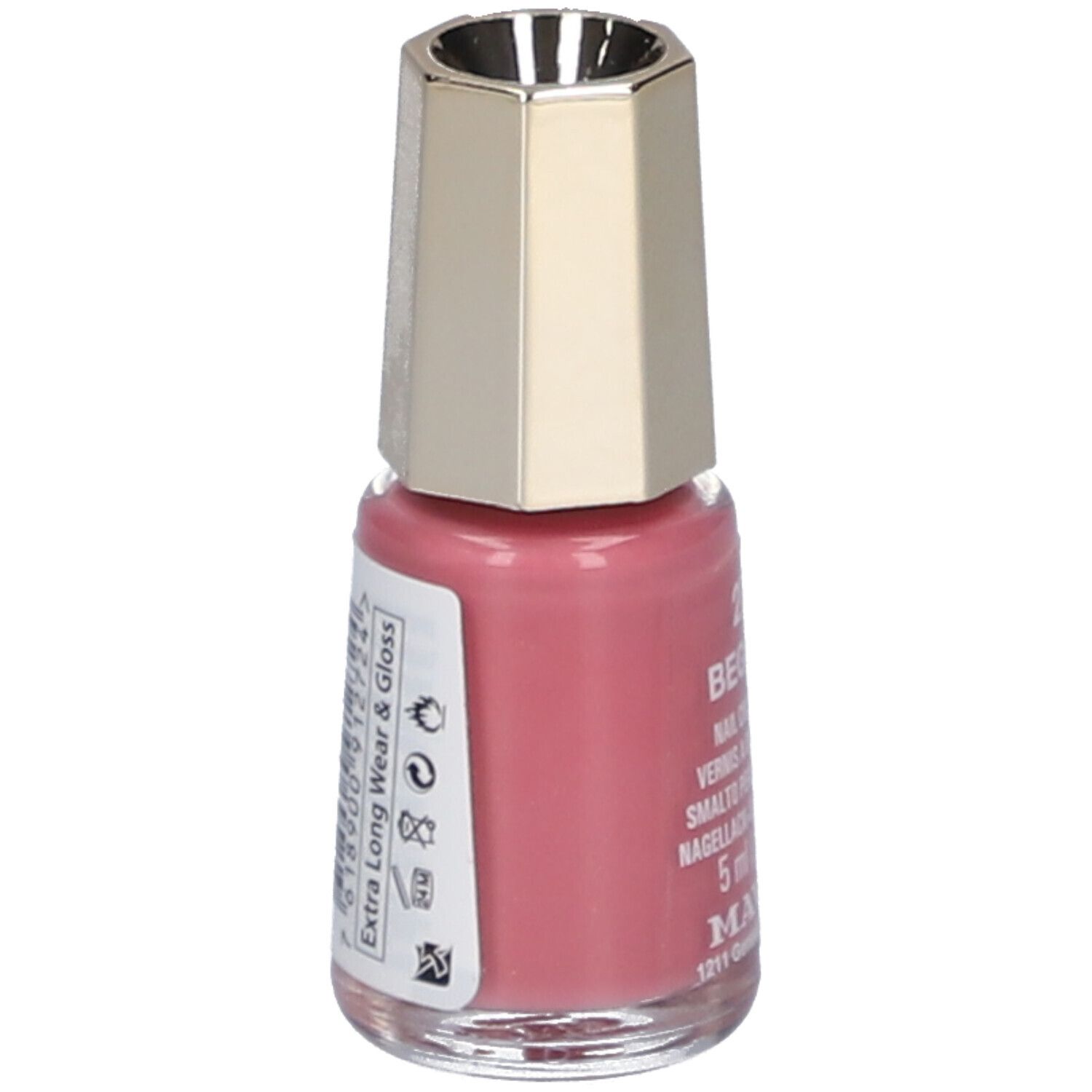 Flacon de vernis à ongles rose. Bouchon doré. Autocollant avec texte et symboles. Extra Long Wear & Gloss.