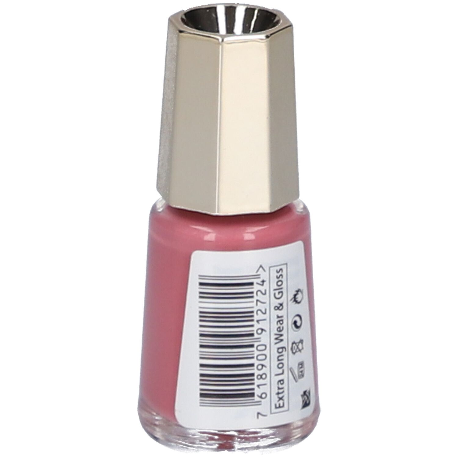 Flacon de vernis à ongles rose. Bouchon doré. Étiquette code-barres avec texte : Extra Long Wear & Gloss.