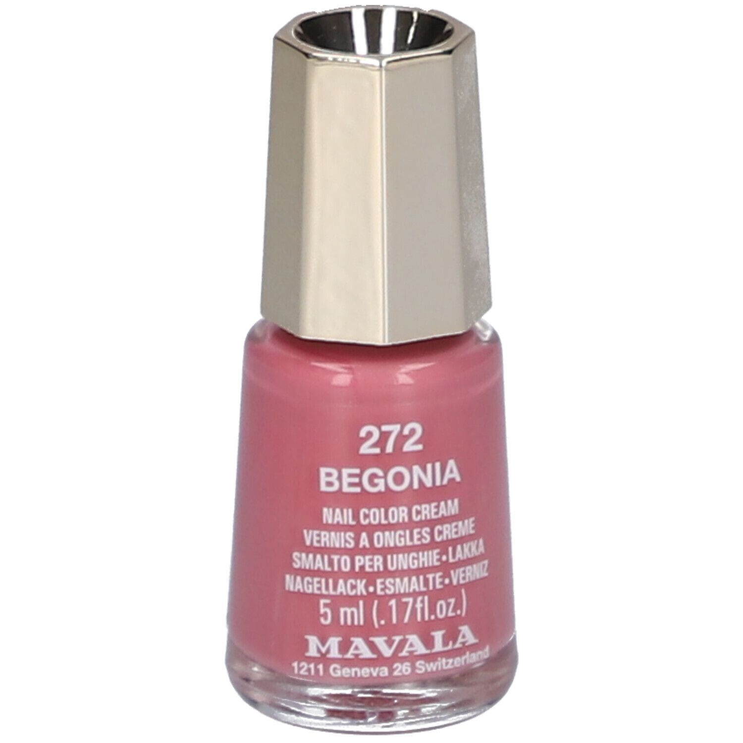 Flacon de vernis à ongles rose. Bouchon doré. Inscription : 272 Begonia, Nail Color Cream, 5 ml.